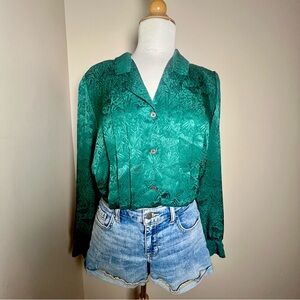 Vintage Dark Green Floral and Bird Patterned Women's Top/Blouse -Size 10